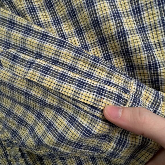 VTG LL Bean Textured Yellow Blue Plaid Long Sleeve Button Up Shirt Medium Cotton - Picture 12 of 15